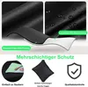 A collage showing material details and features of a product, likely a cover for outdoor furniture. It highlights material durability, water resistance, ease of cleaning, and storage. Produktbild-Vorschau