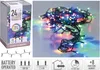 A collage showing the packaging and a close-up of multicolor LED string lights. Voir les images du produit