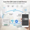 Diagram showing how to connect a smart switch module to a WiFi router and a smartphone using QR code scanning and Bluetooth. Náhled obrázku produktu