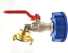 A product shot of an IBC tank valve with a red handle and a blue cap, set against a white background. Produktbild-Vorschau