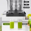 A split image showing the internal components of a juicer and two glasses of juice, one labeled with a brand name and the other with 'Andere' (Others). Produktbild-Vorschau