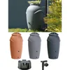 A collage of rain barrels in different colors and a stand for them, with a lifestyle shot of a rain barrel in use at the top. Produktbild-Vorschau