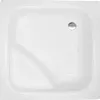 A top-down view of a white square shower tray with a drain hole. Produktbild-Vorschau