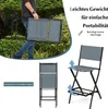A person carrying a folded chair, with a diagram showing a chair in use and another folded. Podgląd zdjęcia produktu