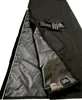 A black umbrella cover is shown partially open, revealing its shiny interior. A small pouch with some cylindrical items is attached to the inside flap. Produktbild-Vorschau