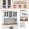 A collage of images showcasing a white kitchen cabinet with glass doors, featuring close-ups of its drawers, cable management hole, and legs, along with marketing text and icons highlighting its features. Podgląd zdjęcia produktu