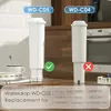 Two white water filter cartridges are displayed on a wooden surface with kitchen appliances in the background. Text overlays identify the products and their compatibility. Náhled obrázku produktu