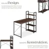 A marketing image showcasing a computer desk with integrated shelving, presented from multiple angles and with descriptive text. Produktbild-Vorschau