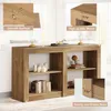 A wooden console table with shelves, decorated with books and candles, placed in a living room setting. Produktbild-Vorschau