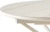 A close-up view of the edge of a round dining table with a white marble-look top and a white metal base. Produktbild-Vorschau