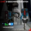 A person wearing gloves is holding a cordless impact wrench. The image also shows a battery pack and a control panel with indicators. Produktbild-Vorschau