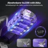 A collage of a vacuum cleaner battery and its modes of operation. The main image shows a transparent battery pack with multiple cells glowing with purple energy. Smaller inset images show the vacuum cleaner head in action with text indicating different mod Produktbild-Vorschau