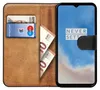 A brown leather flip case for a smartphone, with cards and euro banknotes inside. Produktbild-Vorschau