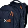 A close-up view of a navy blue backpack with brown leather accents. Podgląd zdjęcia produktu
