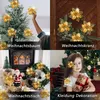 A collage of four images showing gold Christmas flowers used for decoration on a Christmas tree, a wreath, a table, and as hair accessories. Produktbild-Vorschau