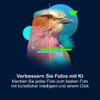 A stylized image of a bird with abstract geometric shapes and text overlay, promoting photo editing software. Produktbild-Vorschau