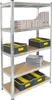 A metal shelving unit filled with storage boxes and binders.