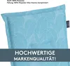 A close-up of a light blue cushion with a white leaf pattern, with text overlays. Produktbild-Vorschau