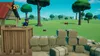 A cartoon dog character stands on a wooden crate in a grassy field with hay bales in the foreground. Produktbild-Vorschau