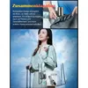 A woman with a suitcase and a transparent bag, with a hairdryer inside, against a sky background. Produktbild-Vorschau