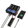 A battery charger with multiple battery slots and a digital display is shown, with a smartphone and a separate battery pack connected to it. Voir les images du produit