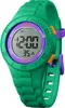 A close-up studio shot of a green digital watch with purple and orange accents. Produktbild-Vorschau