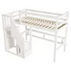 A white loft bed with stairs and storage shelves. Produktbild-Vorschau
