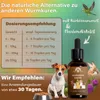 A marketing image for a pet deworming product, featuring a dosage chart, product bottle, and illustrations of animals. Produktbild-Vorschau