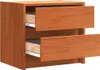 A wooden nightstand with two drawers, both partially open, against a white background. Produktbild-Vorschau