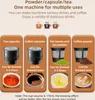 A product marketing image showing different ways to use a coffee/tea machine with various capsules and powders. Náhled obrázku produktu