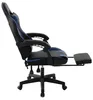 A black and blue gaming chair with a footrest extended, shown from the side. Produktbild-Vorschau