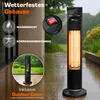 A patio heater is shown on a wet patio with rain falling, highlighting its weather-resistant features and including a cover. Podgląd zdjęcia produktu