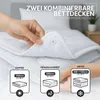 A close-up of a hand holding a white comforter, showing a snap button, with diagrams illustrating different seasonal uses of the comforter. Produktbild-Vorschau