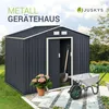 A dark gray metal garden shed is shown outdoors with a shovel inside the open door, a potted plant next to it, and a wheelbarrow in the foreground. Produktbild-Vorschau