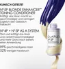 A bottle of Olaplex No. 5P Blonde Enhancer Toning Conditioner is shown with blonde hair and purple toning liquid. Náhled obrázku produktu
