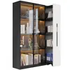 A modern black and white display cabinet with glass doors and LED lighting, showcasing books and decorative items. Podgląd zdjęcia produktu