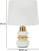 A white and gold table lamp with a white lampshade, shown with dimensions indicated. Náhľad obrázku produktu