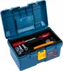 An open blue toy toolbox with various toy tools inside, including screwdrivers, a hammer, and nuts. Produktbild-Vorschau