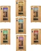 A collage of seven different infrared saunas, each with different colored LED lighting. Produktbild-Vorschau