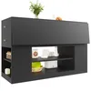 A black kitchen island with shelves and drawers, decorated with a plant and some kitchenware. Podgląd zdjęcia produktu