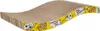 A cat scratching board with cartoon cat faces and speech bubbles printed on the yellow border. Voir les images du produit