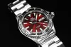 A close-up shot of an Orient Mako III watch with a red dial, set against a black background. Produktbild-Vorschau