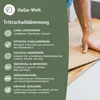 A person is installing flooring, with a graphic overlay detailing the product's features. Produktbild-Vorschau