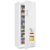 A white upright freezer with its door open, showing multiple transparent drawers filled with frozen food items. There are several certification badges on the front of the freezer door. Produktbild-Vorschau