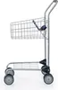 A side view of a silver toy shopping cart with a blue seat for a doll. Produktbild-Vorschau