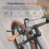 Close-up view of an electric bicycle's handlebars and display, with text overlay describing its features. Produktbild-Vorschau