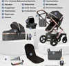 A collage of a baby stroller and its various accessories, with numbered labels pointing to each component. Produktbild-Vorschau