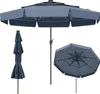Three views of a blue patio umbrella against a white background. One is fully open and angled, showing the top and side. Another is a top-down view of the open umbrella, revealing the internal structure and LED lights. The third is a view of the umbrella c Produktbild-Vorschau
