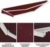 A collage of images showing a burgundy awning and close-ups of its features. Podgląd zdjęcia produktu