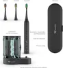 A display of a sonic toothbrush, its charging station with UV sterilizer, different brush heads, and a travel case. Produktbild-Vorschau